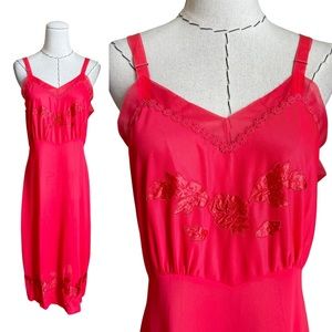 Vintage 50s 60s Nan Flower Red Nylon Slip Nightgown Boudoir Rockabilly Grunge 38